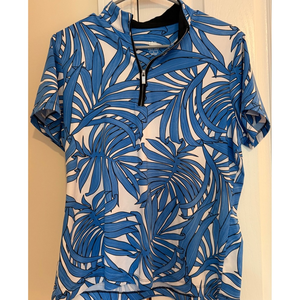 Tail White Label Womens Large Blue Tropical Palm Leaf Quarter Zip Golf Shirt
